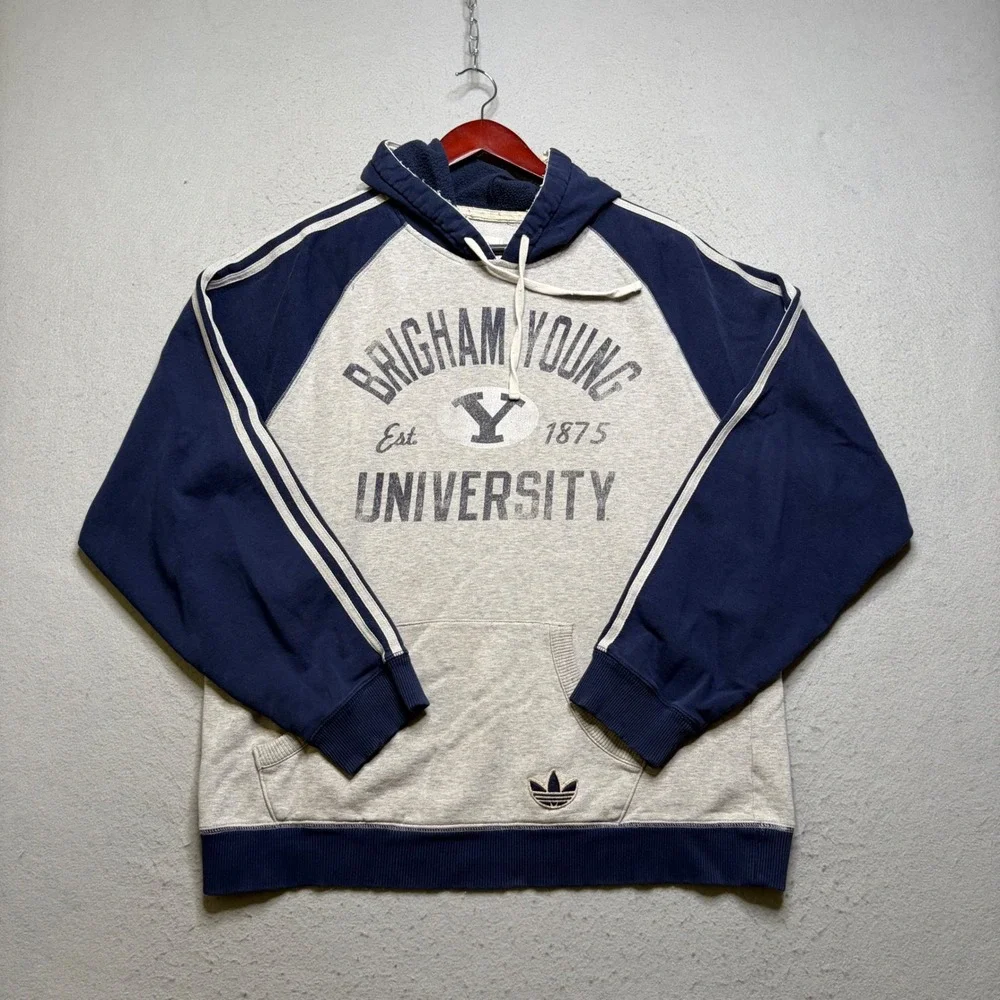 Adidas Hoodie Mens XL Gray BYU Brigham Young University Vintage 90s Trefoil Logo